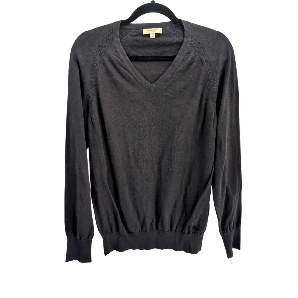 Burberry London Cotton Lightweight V-Neck Sweater in Black size Large
